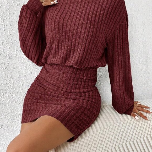 Women's Ribbed Knit Sweater Dress Long Lantern Sleeves Turtleneck Mini - Picture 4 of 5